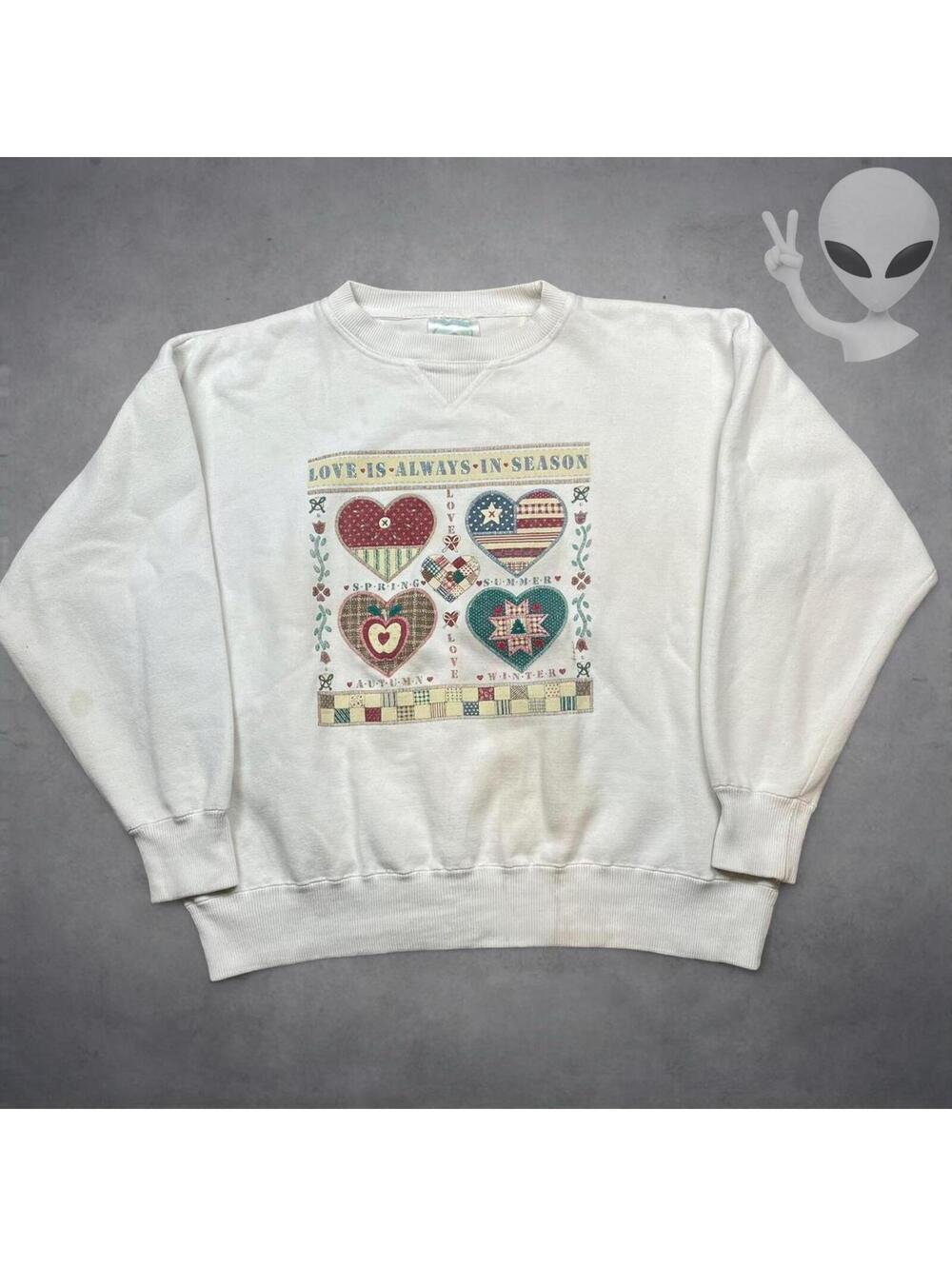 Vintage 80s Love Is Always In Season Heart Sweatshirt XL Cream USA